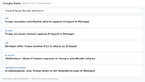 Google News–style headline capture showing MSM anti-Muslim framing of Trump–El-Sayed story