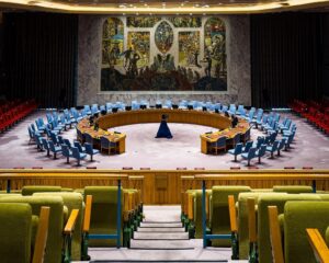 Empty United Nations Security Council chamber at UN Headquarters, New York