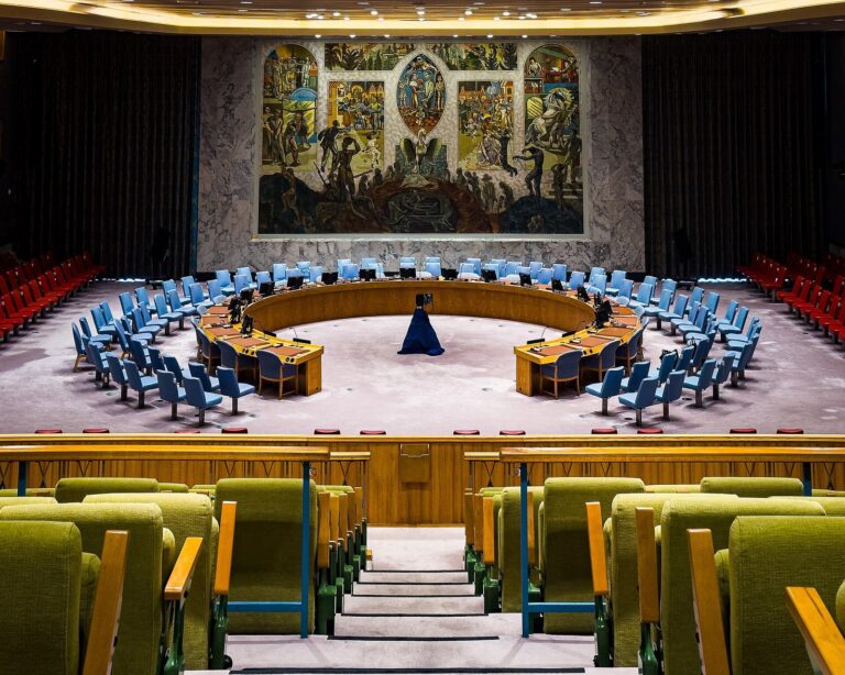 Empty United Nations Security Council chamber at UN Headquarters, New York