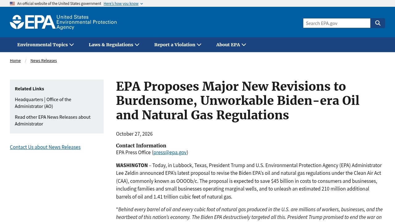 EPA news release announcing proposed revisions to oil and natural gas regulations, Oct. 27, 2026